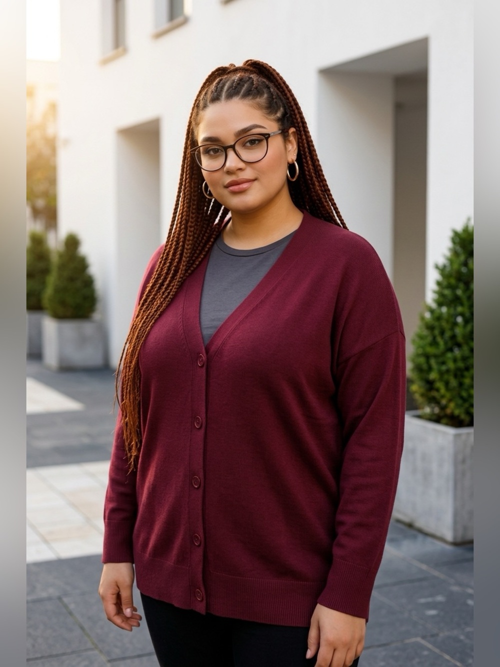 Plus Size Weekenders Burgundy Button-Up Cardigan - Size Medium